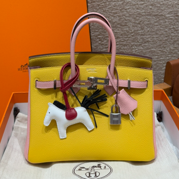 최고퀄 에르메스 올수공 버킨 25 Jaune Naples & Rose Sakura 토고 가죽 은장