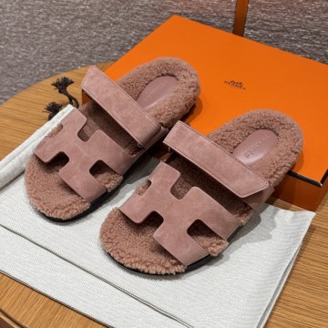 최고퀄 에르메스 시프레 시어링 퍼 가죽 스트랩 샌들 핑크