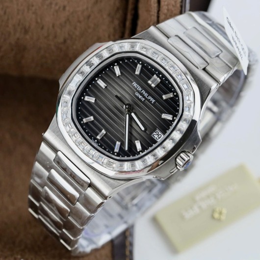 최고퀄 CNC 커스텀 제작 파텍필립 노틸러스 그레이 다이아 다이얼 모이사나이트 베젤 세팅 40mm 5723