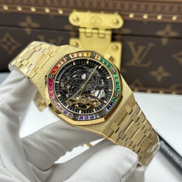 최고퀄 THB공장 오데마피게 로얄오크 뚜르비옹 바게트 레인보우 베젤 프로스트 옐로우 골드 금통 41mm 15412