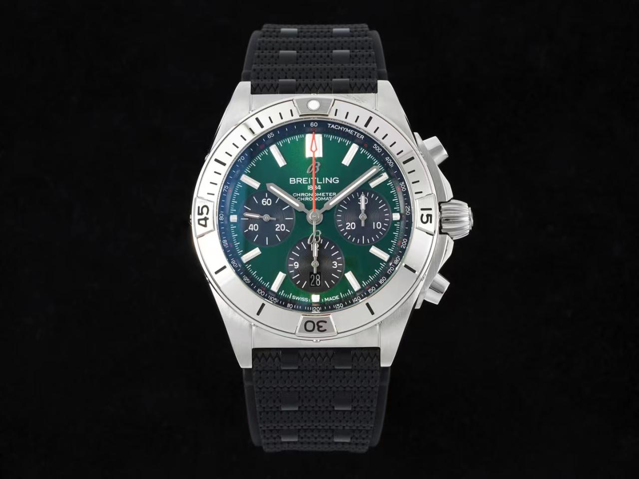 브라이틀링 크로노맷 B01 AB01343A1L1A1 42mm 스테인리스 스틸 TF 1:1 베스트 에디션 그린 다이얼 블랙 러버 스트랩 A7750