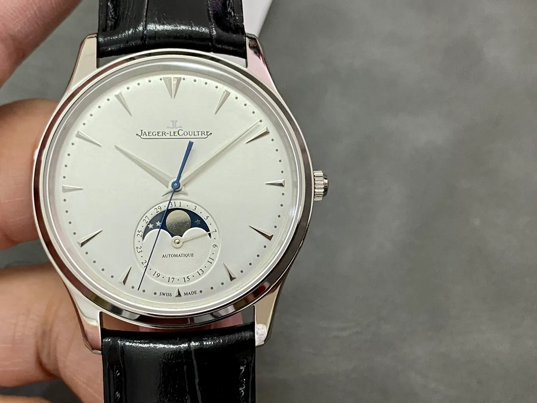 JL Master Ultra Thin Moon 1368420 SS ZF 1:1 Best Edition White Dial on Black Leather Strap SA925 Super Clone V2