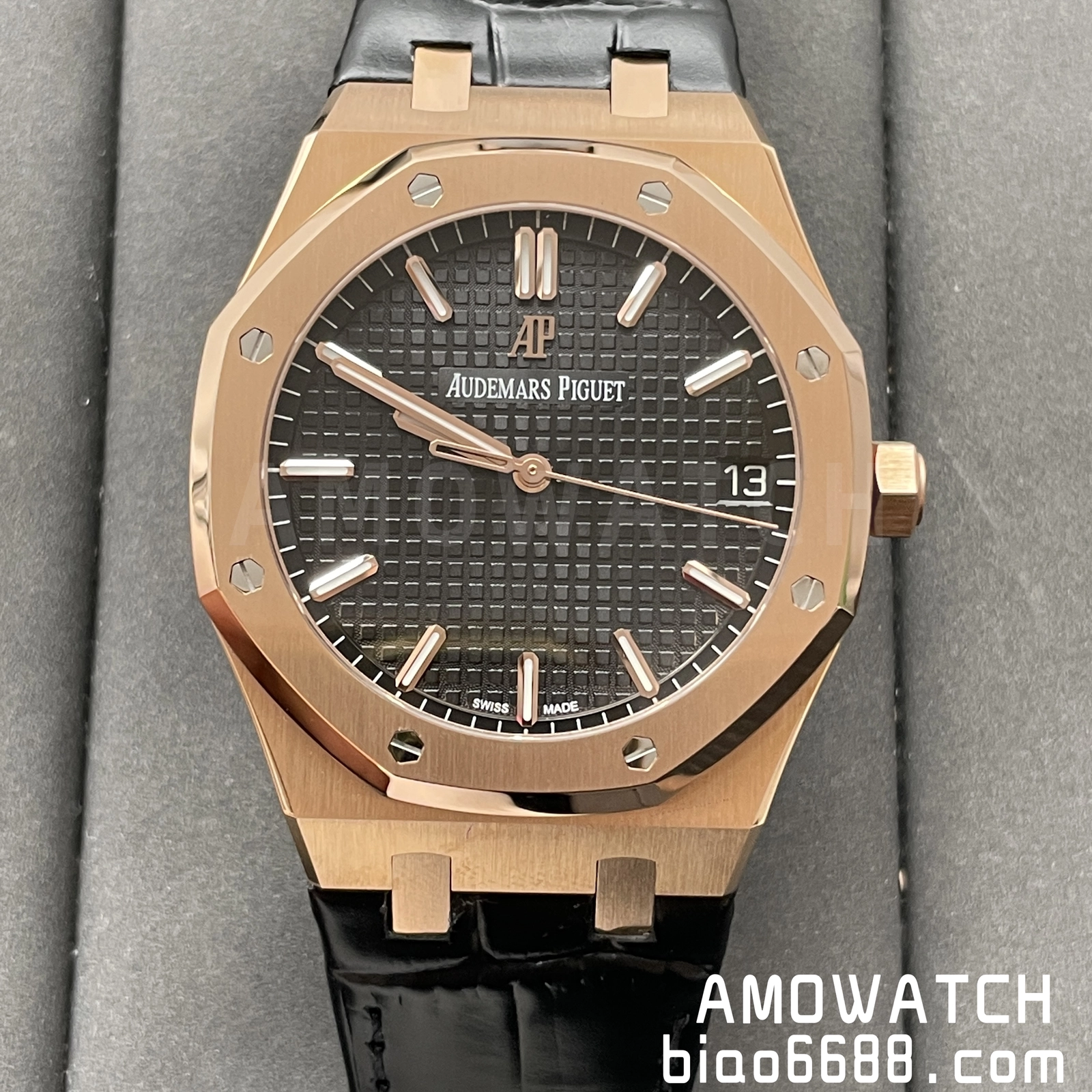 AP 로열 오크 41mm 15500OR.OO.D002CR.01 RG APSF 1:1 베스트 에디션 블랙 텍스처드 다이얼 블랙 레더 스트랩 SA4302 슈퍼클론 V3