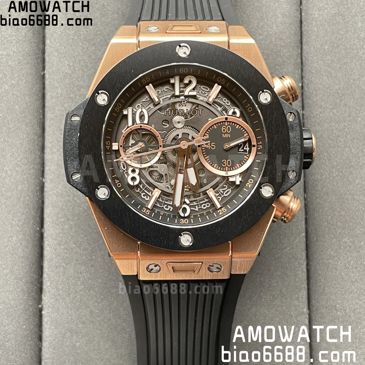위블로 빅뱅 유니코 42mm RG BBF 1:1 베스트 에디션 스켈레톤 다이얼 블랙 세라믹 베젤 블랙 러버 스트랩 A1280 V2