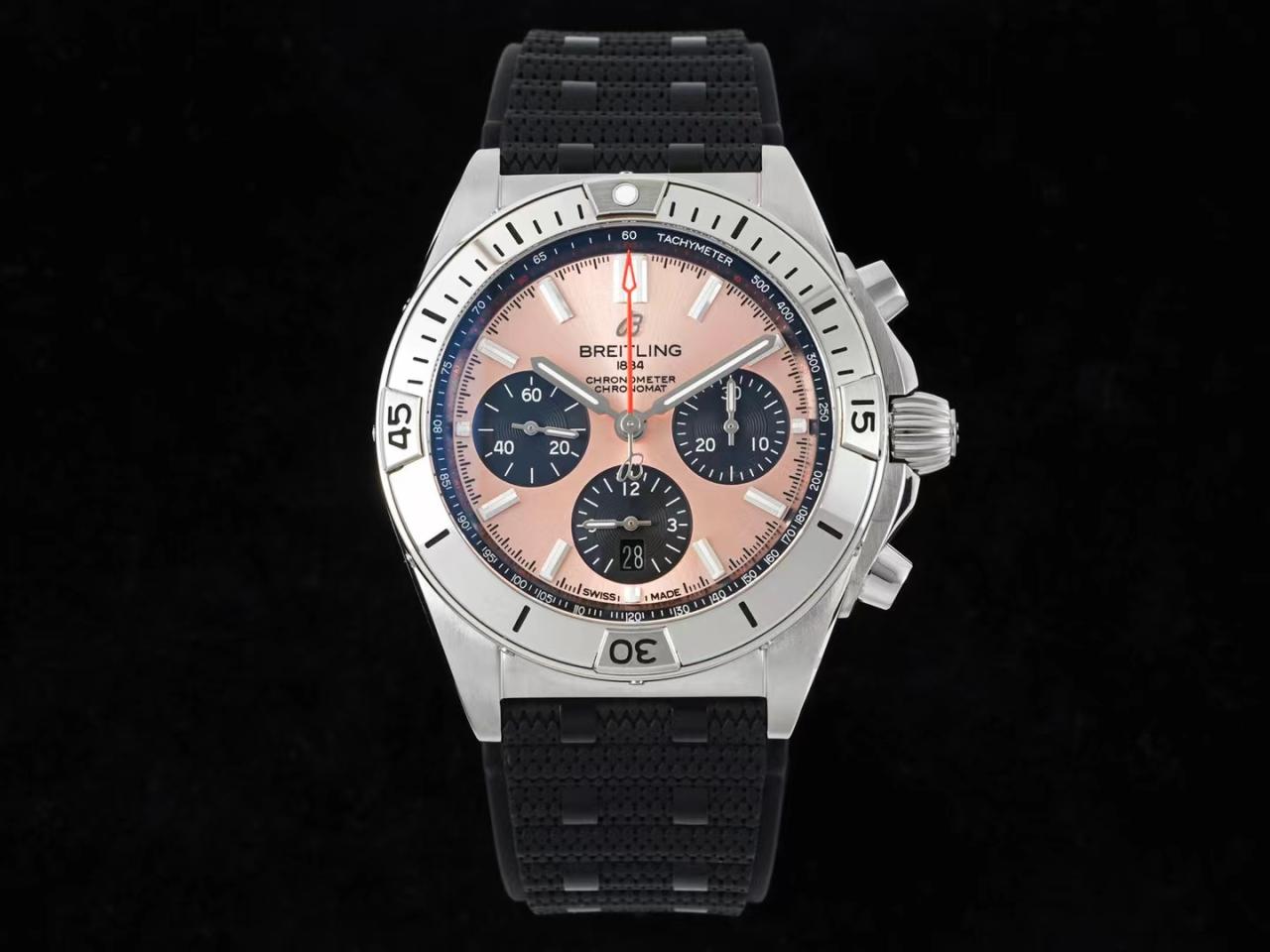 Breitling Chronomat B01 AB0134101K1A1 42mm SS TF 1:1 Best Edition Pink Dial on Black Rubber Strap A7750 - Image 3