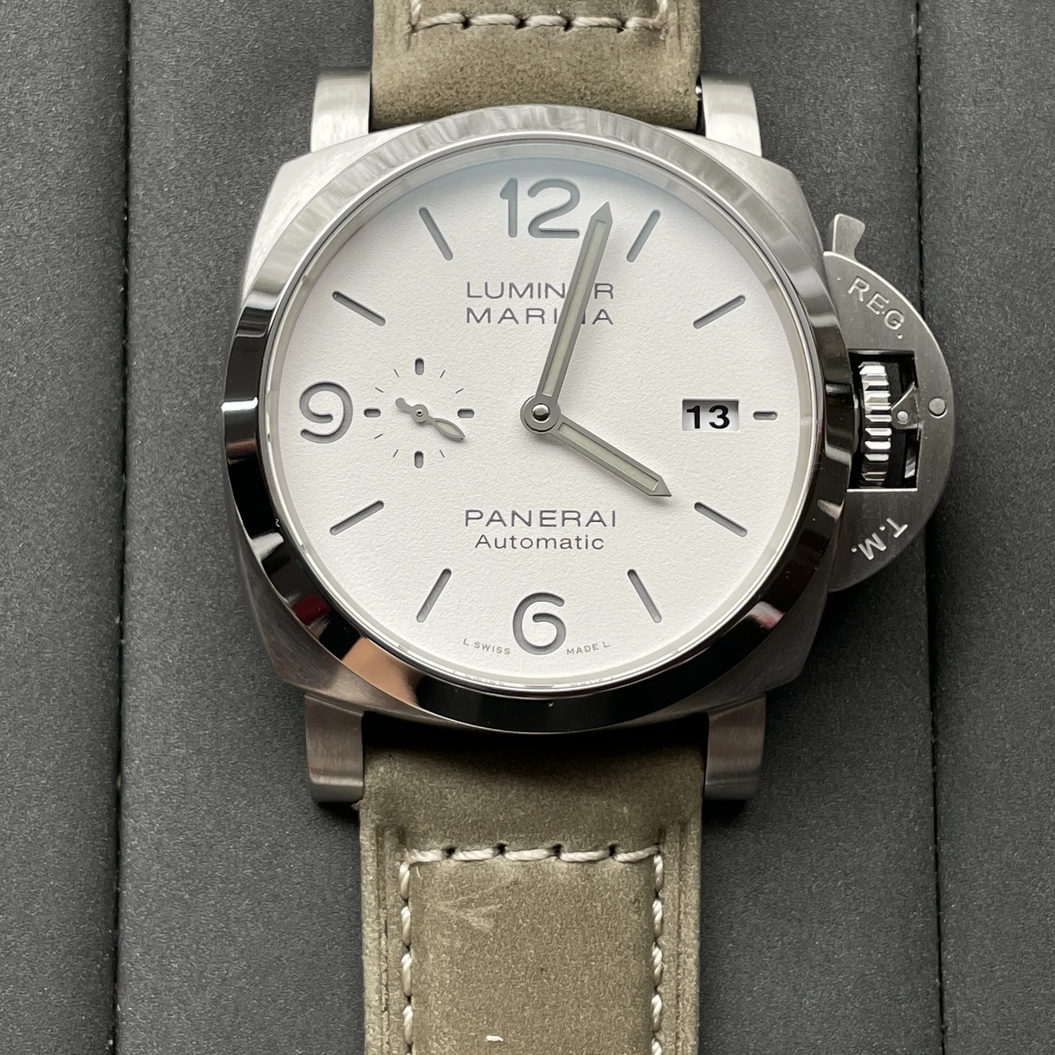 파네라이 PAM1314 PAM01314 VS 공장 1:1 베스트 에디션 화이트 다이얼 그레이 아소 스트랩 P.9010 클론