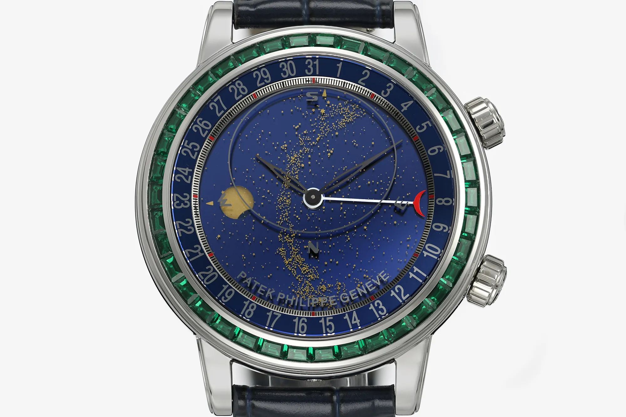 PP Grand Complications 6102 SS Green Diamonds Bezel PPF 1:1 Best Edition Blue Dial on Blue Leather Strap SA240 Super Clone