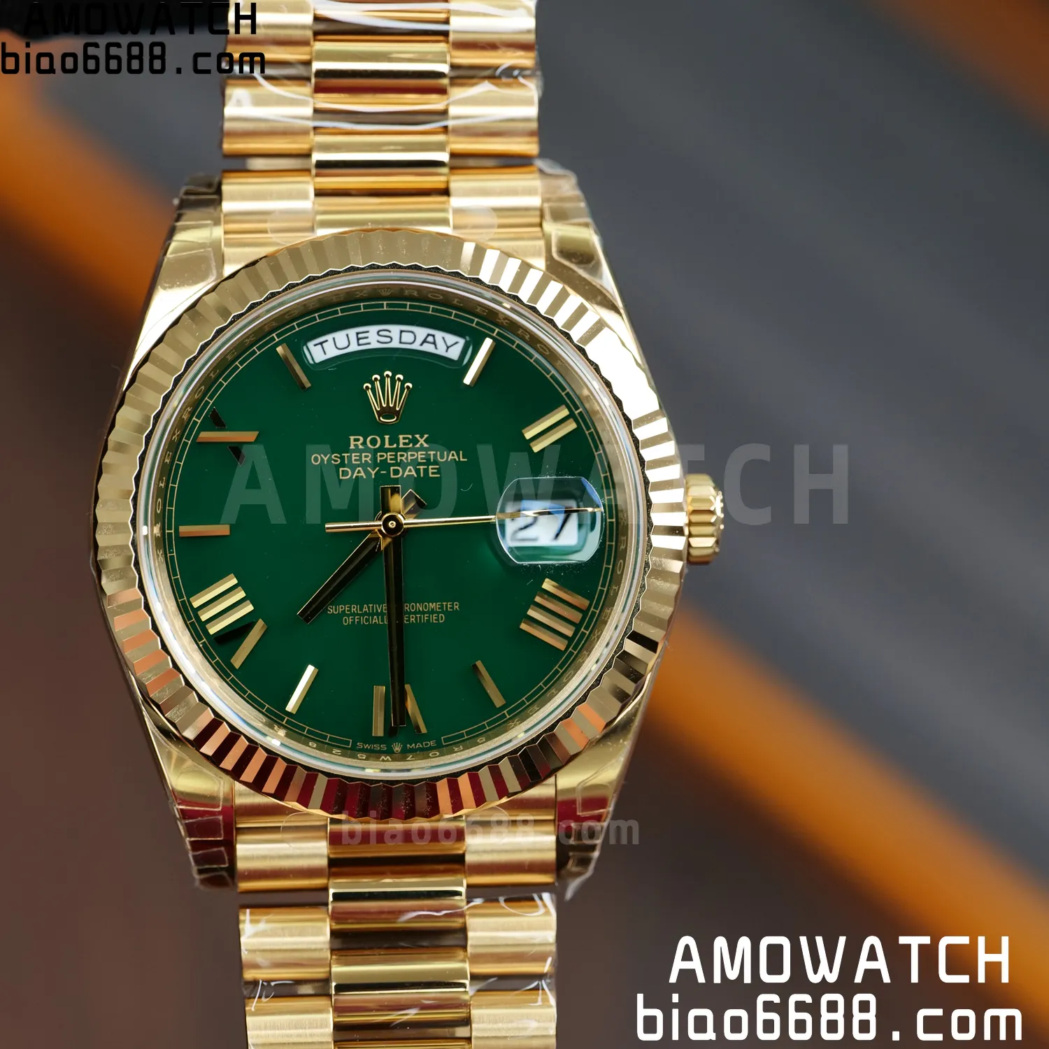 롤렉스 데이데이트 228238 YG 40mm VS 공장 1:1 베스트 에디션 그린 로만 다이얼 플루티드 베젤 3255
