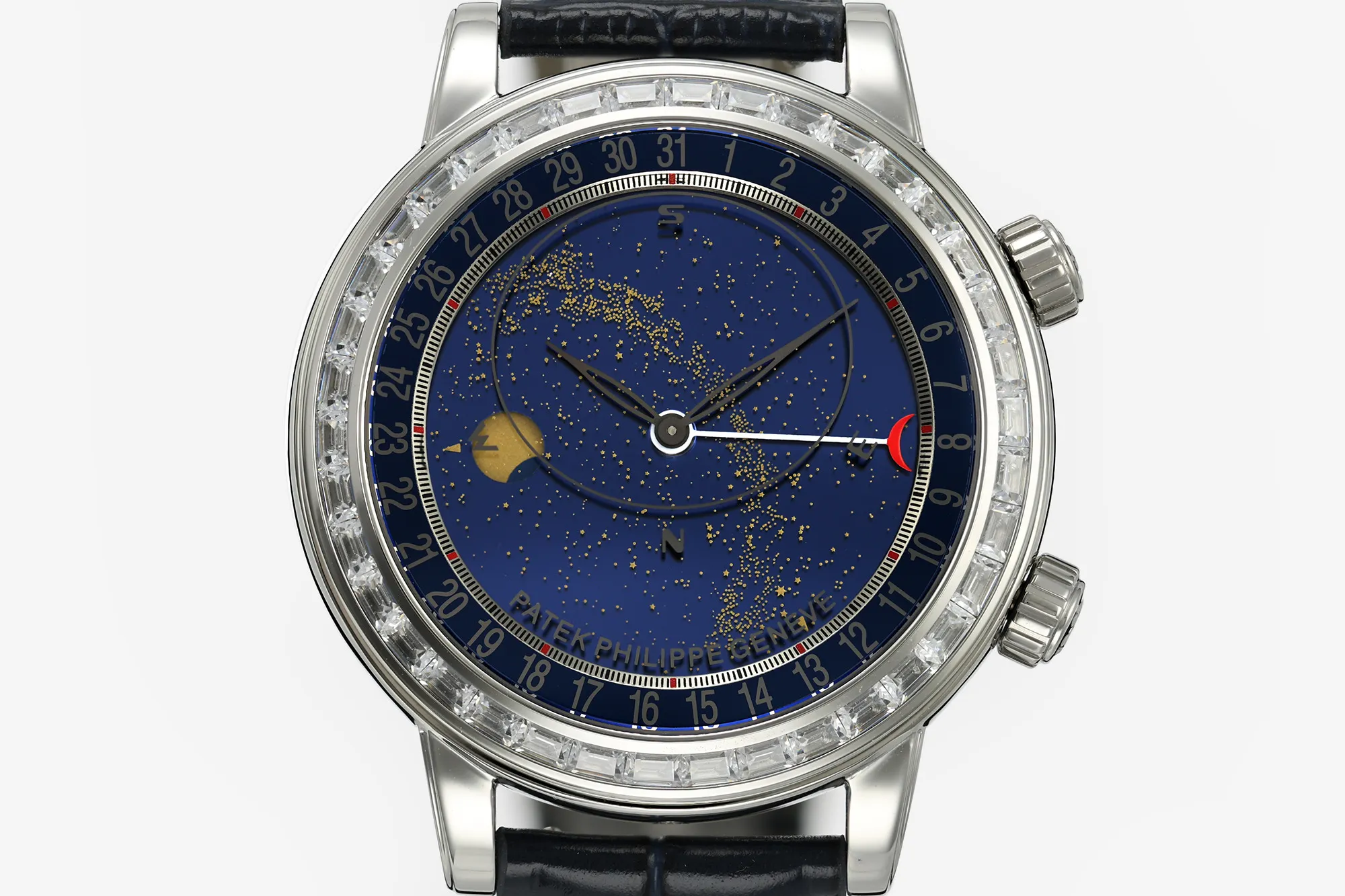 PP Grand Complications 6102 SS Diamonds Bezel PPF 1:1 Best Edition Blue Dial on Blue Leather Strap SA240 Super Clone