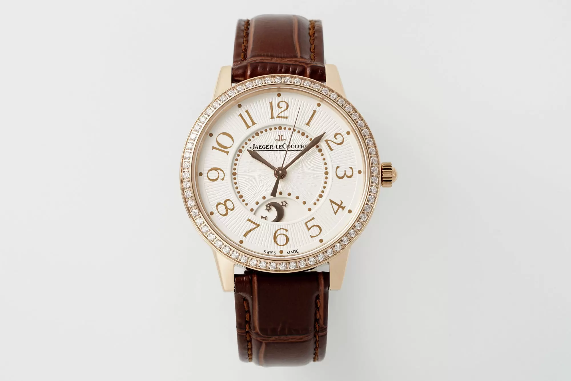 JL Rendez-Vous Night & Day 3442440 RG APSF 1:1 Best Edition White Textured Dial Diamonds Bezel on Brown Leather Strap A898