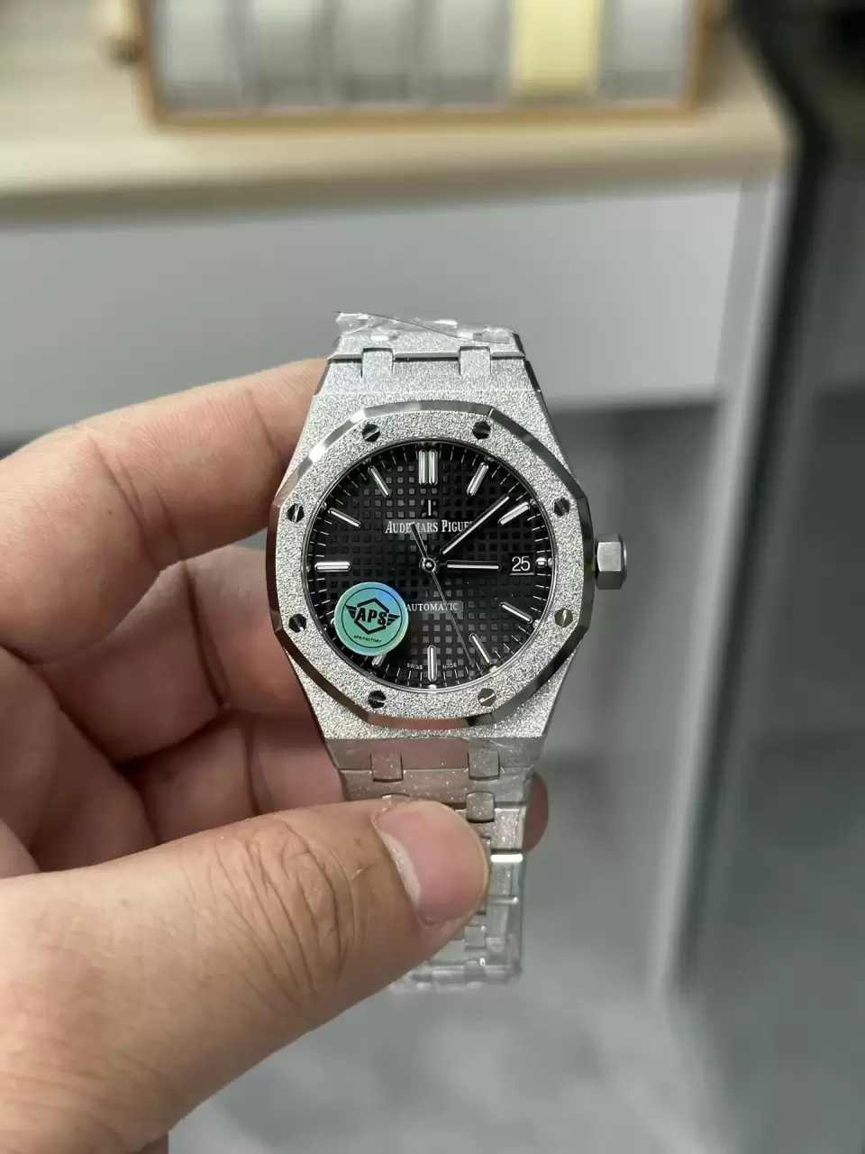 AP 로열 오크 37mm 15454BC.GG.1259BC.03 프로스트 스테인리스 스틸 APSF 1:1 베스트 에디션 블랙 텍스처드 다이얼 프로스트 스테인리스 스틸 브레이슬릿 SA3120 슈퍼클론