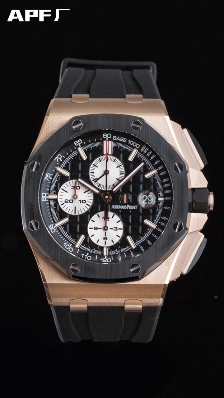 AP 로열 오크 오프쇼어 44mm 26401RO.OO.A002CA.01 RG 세라믹 베젤 APF 1:1 베스트 에디션 블랙/화이트 다이얼 러버 스트랩 A3126