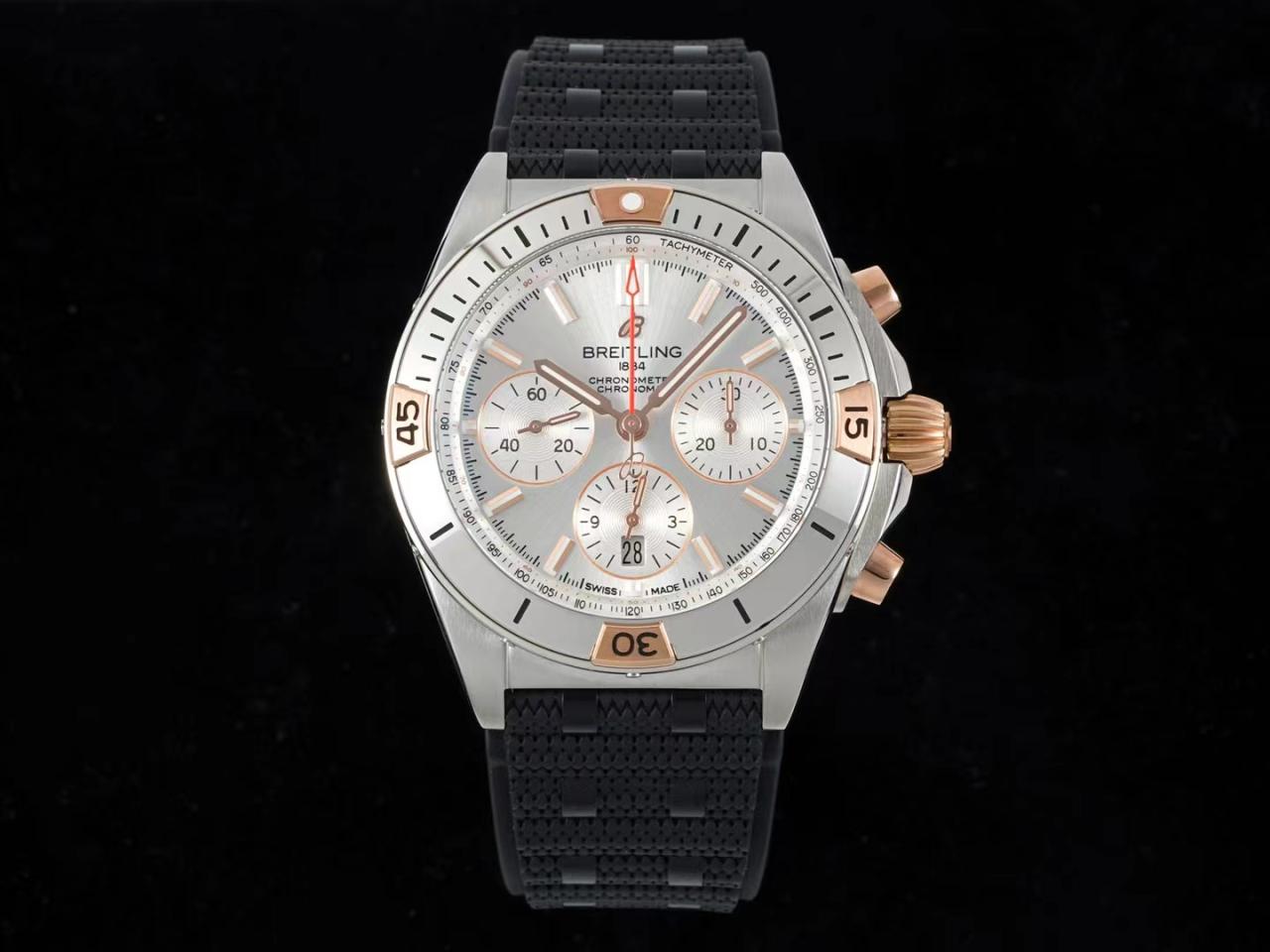 Breitling Chronomat B01 IB0134101G1A1 42mm SS/RG TF 1:1 Best Edition Silver Dial on Black Rubber Strap A7750