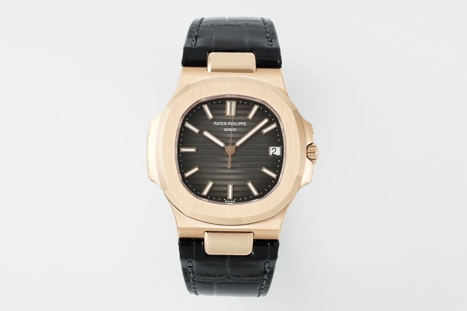PP Nautilus 5711 RG DDF 1:1 Best Edition Gray Textured Dial on Black Leather Strap   (Weighted)