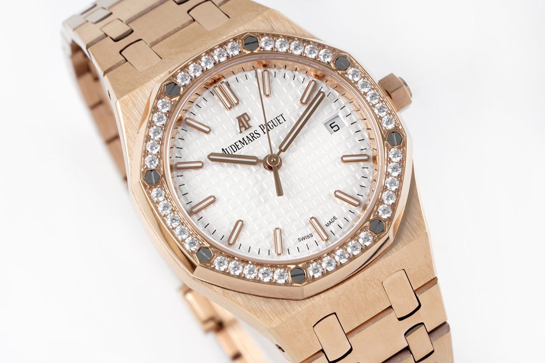 Audemars Piguet Royal Oak 77351OR 34mm Ladies RG NTF Best Edition White Dial Diamonds Bezel on RG Bracelet A5800