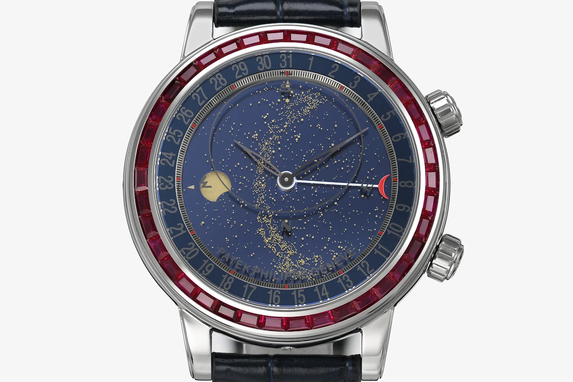 PP Grand Complications 6102 SS Purple Diamonds Bezel PPF 1:1 Best Edition Blue Dial on Blue Leather Strap SA240 Super Clone