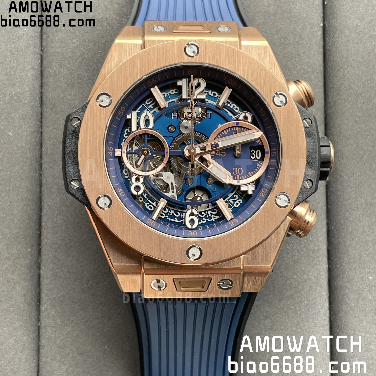 위블로 빅뱅 유니코 42mm RG BBF 1:1 베스트 에디션 스켈레톤 다이얼 블루 러버 스트랩 A1280 V2