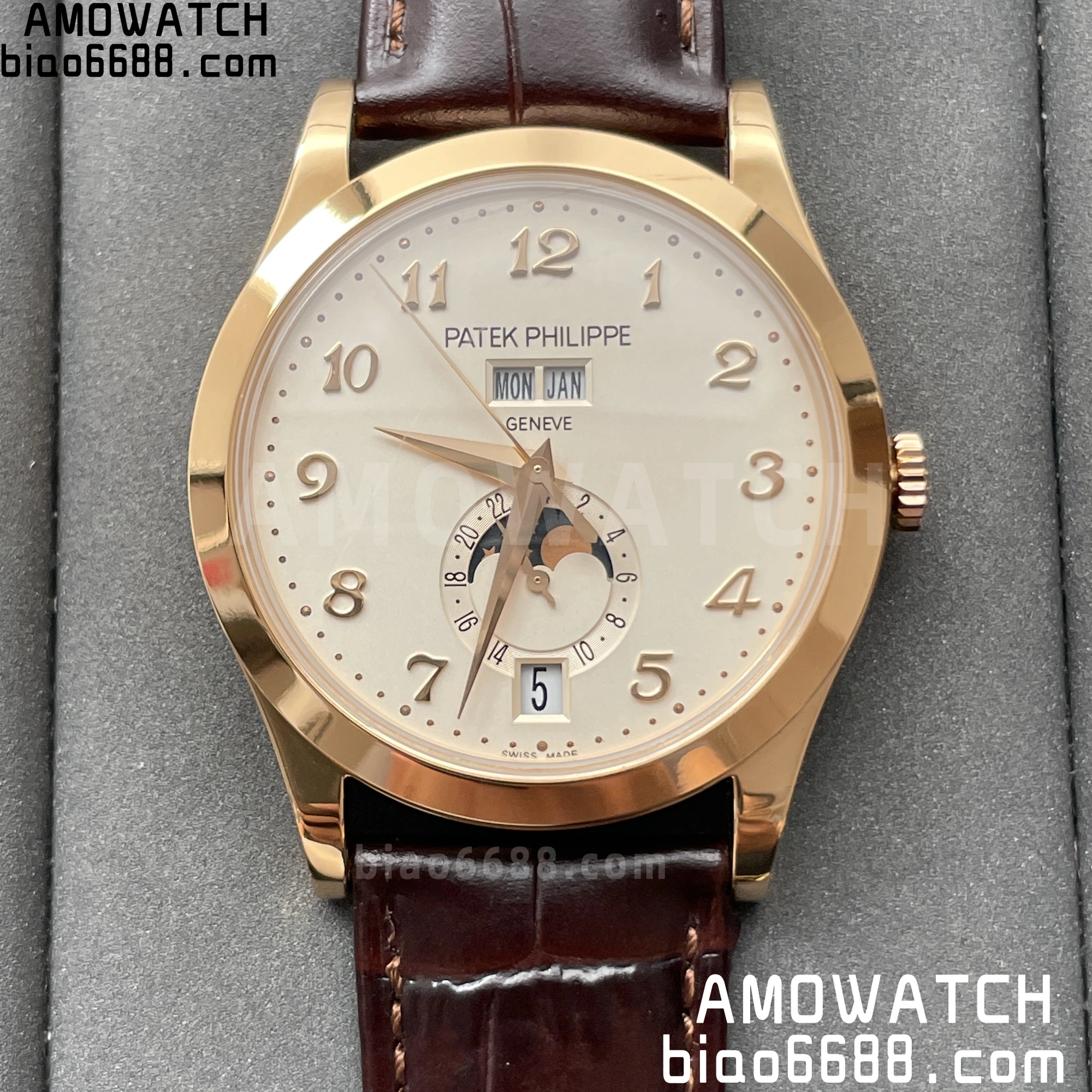 PP Annual Calendar Moonphase 5396R RG PPF 1:1 Best Edition White Arabic Dial on Brown Leather Strap A324