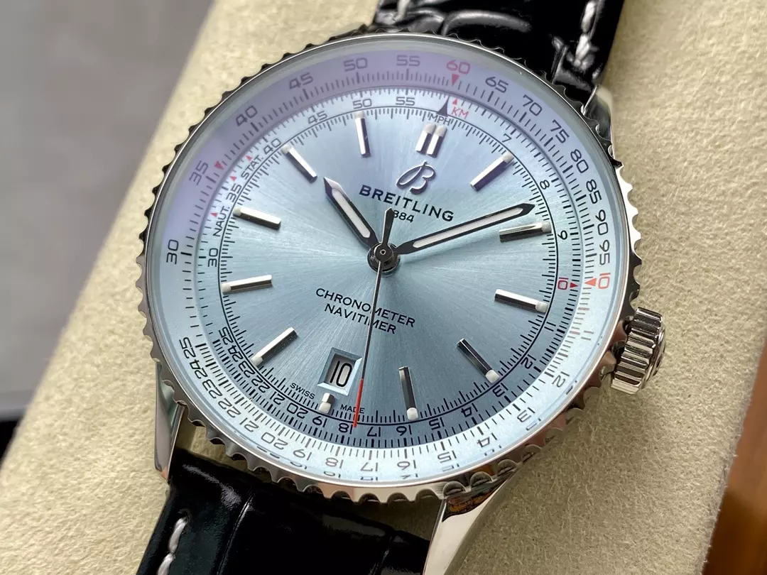 Breitling Navitimer Automatic 41mm SS BLSF Ice Blue Dial on Black Leather Strap A2824 V2 - Image 3
