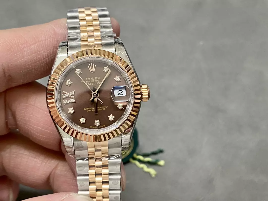 롤렉스 데이트저스트 28mm 279171 여성용 로즈 골드/스테인리스 스틸 GS 공장 1:1 베스트 에디션 브라운 다이얼 다이아몬드 인덱스