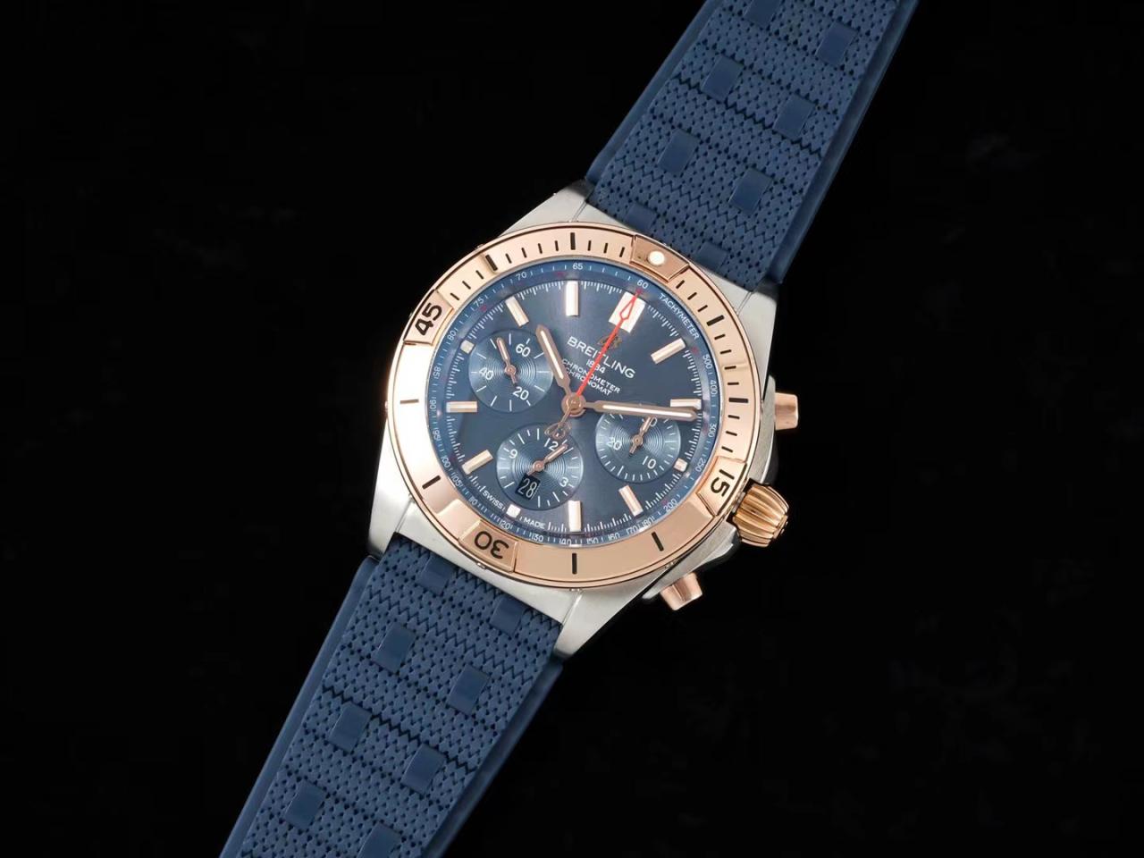 브라이틀링 크로노맷 B01 UB0134101C1U1 42mm 스테인리스 스틸/로즈골드 TF 1:1 베스트 에디션 블루 다이얼 블루 러버 스트랩 A7750 - 이미지 2