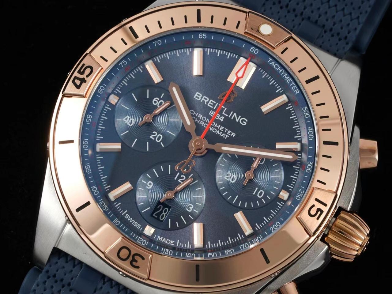 브라이틀링 크로노맷 B01 UB0134101C1U1 42mm 스테인리스 스틸/로즈골드 TF 1:1 베스트 에디션 블루 다이얼 블루 러버 스트랩 A7750 - 이미지 3