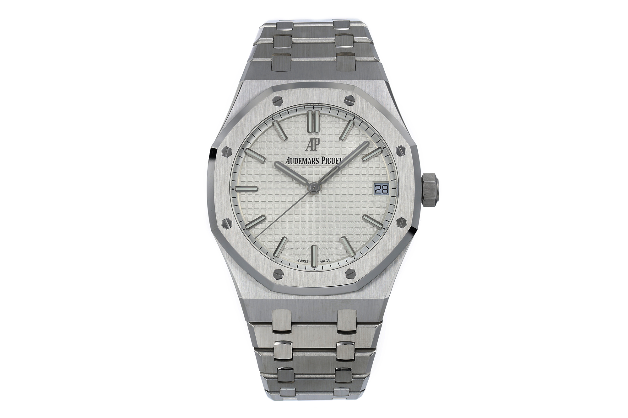 AP 로열 오크 41mm 15500 스테인리스 스틸 ZF 1:1 베스트 에디션 화이트 텍스처드 다이얼 스테인리스 스틸 브레이슬릿 SA4302 슈퍼클론 V4 (프리 스프렁)