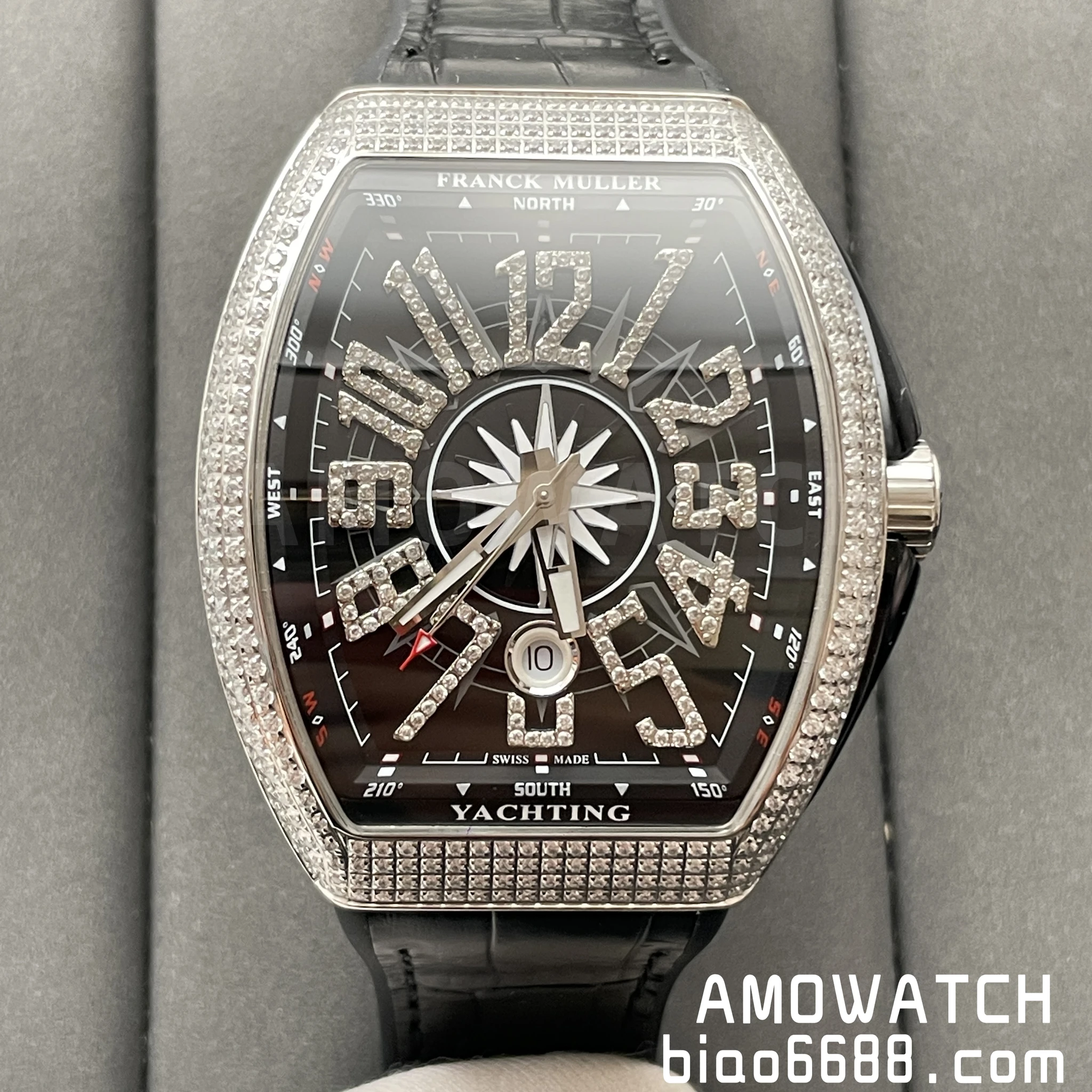 FM Vanguard V45 SS ABF Best Edition Full Diamonds Case Black Dial on Black Leather Strap A2824