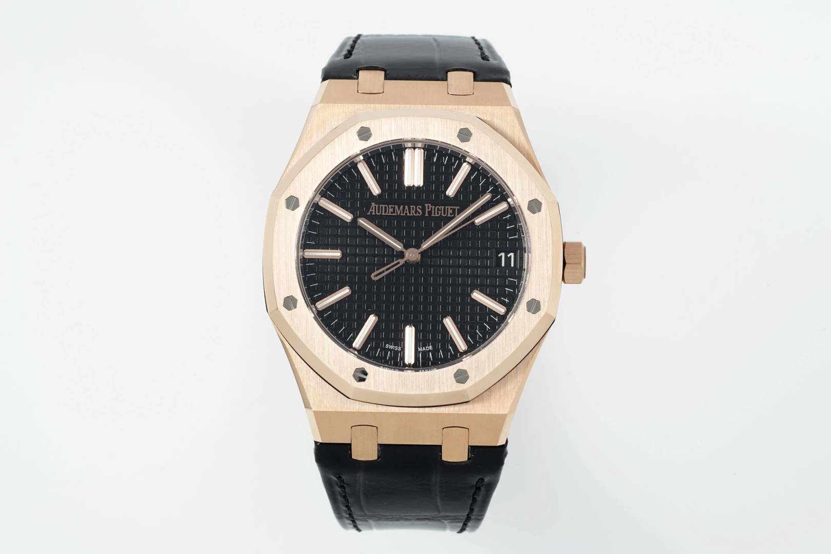 로열 오크 41mm 15510 RG DDF 1:1 베스트 에디션 블랙 다이얼 블루 레더 스트랩 DD4302 슈퍼클론 (웨이티드)