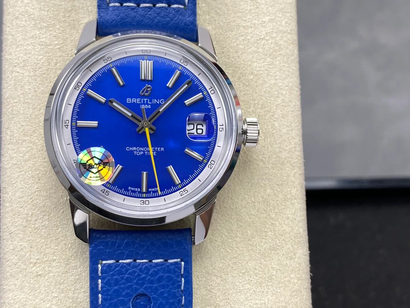 Breitling Top Time B31 BLF 1:1 Best Edition Blue Dial Yellow Hand on Blue Leather Strap AB31