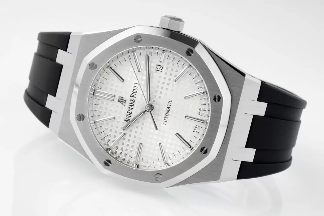 AP 로열 오크 41mm 15400 스테인리스 스틸 APSF 1:1 베스트 에디션 화이트 텍스처드 다이얼 블랙 러버 스트랩 SA3120 슈퍼클론 V3