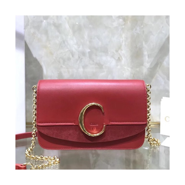 ✨Chole 2019 C Leather Shoulder Bag, 21cm - 끌로에 2019 C 레더 숄더백,CLB0025,21cm,레드