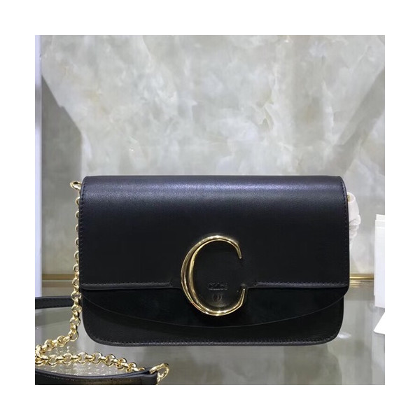 ✨[데일리백으로 강추]Chole 2019 C Leather Shoulder Bag, 21cm - 끌로에 2019 C 레더 숄더백,CLB0032,21cm,블랙