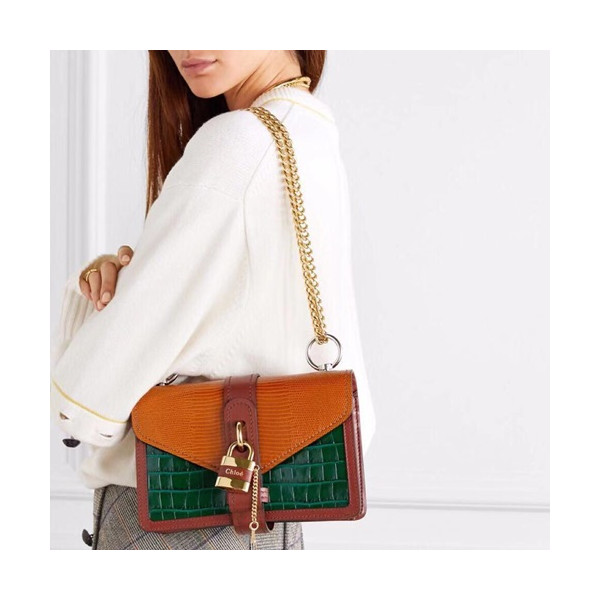 ✨Chole 2019 Aby Leather Chain Shoulder Bag, 24cm - 끌로에 2019 애비 레더 체인 숄더백,CLB0151,24cm,그린+오렌지