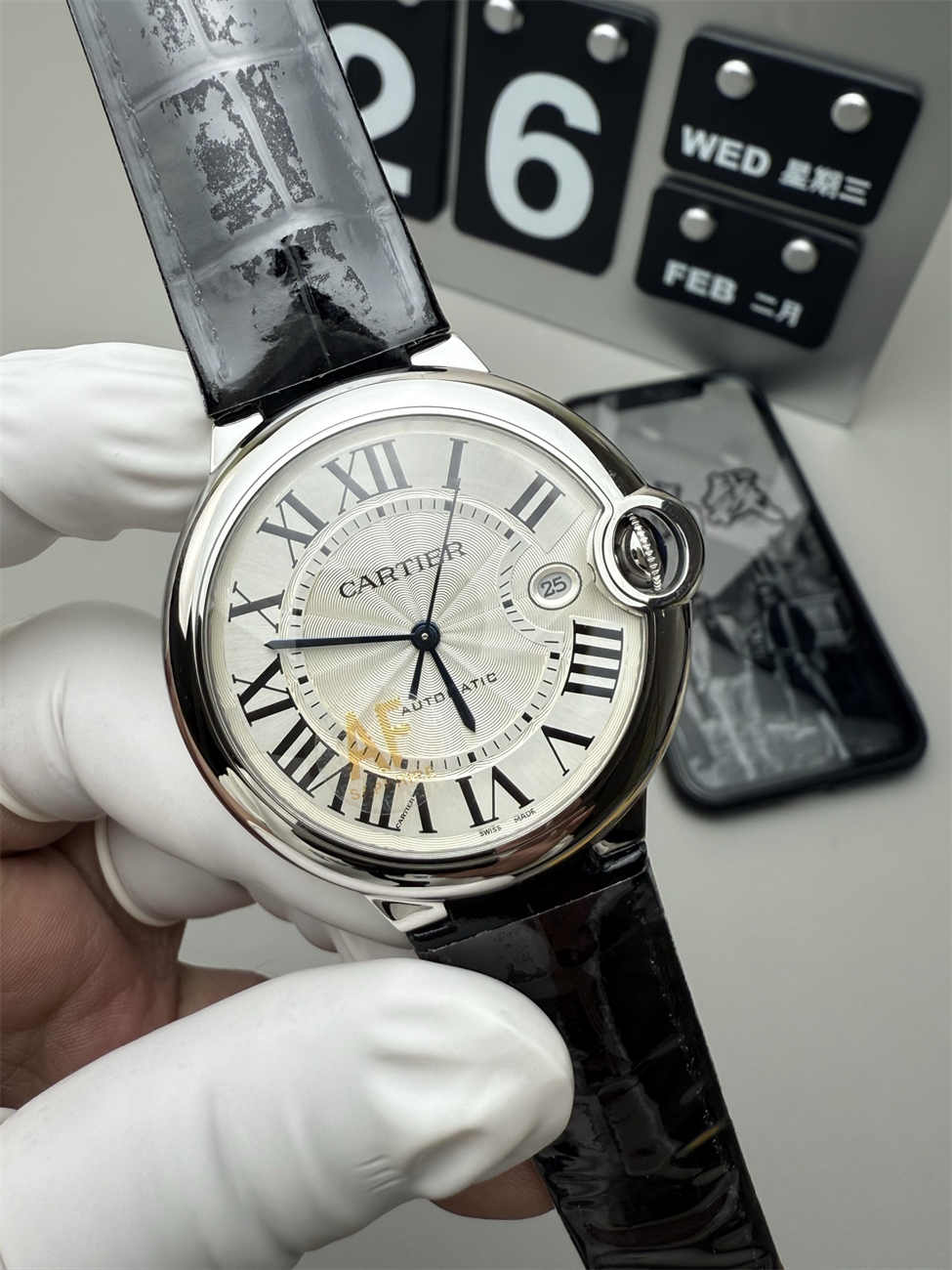 AF 공장 까르띠에 발롱 블루 42mm 가죽 스트랩 레플리카 오토매틱 데이트 - 이미지 2