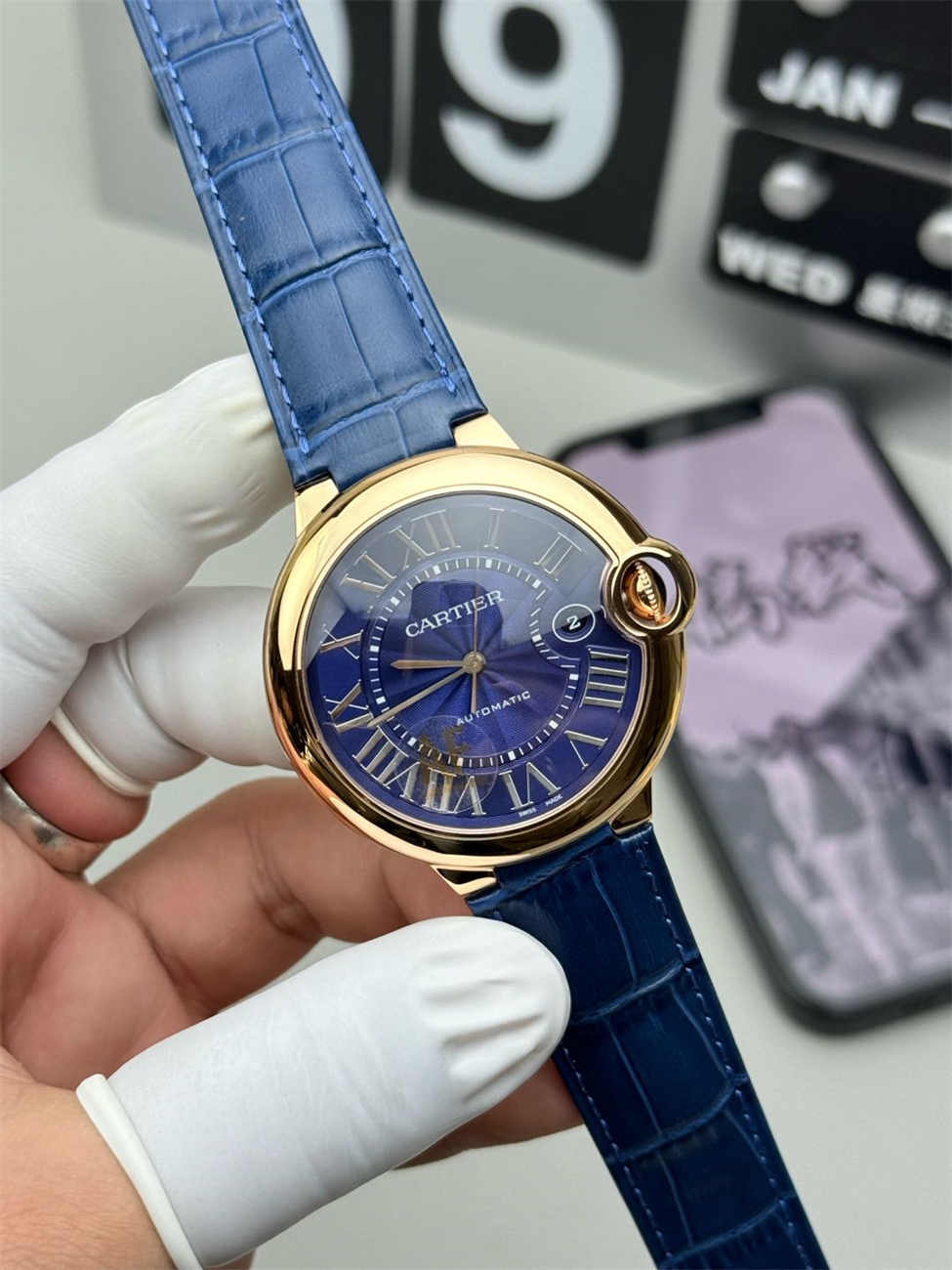 AF 공장 까르띠에 발롱 블루 42mm 로즈 골드 레플리카 블루 다이얼 오토매틱